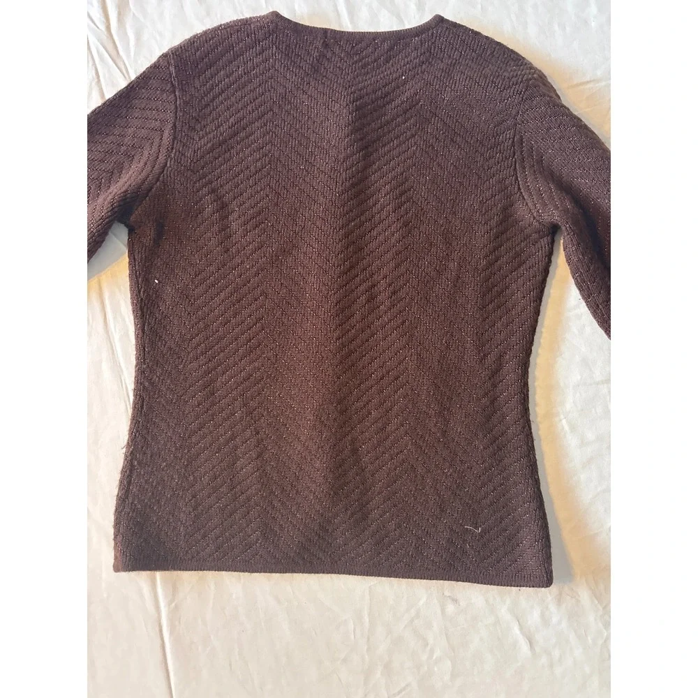 Jones New York Cardigan Petite PP Brown Excellent Metallic Chevron‎ Knit Sweater